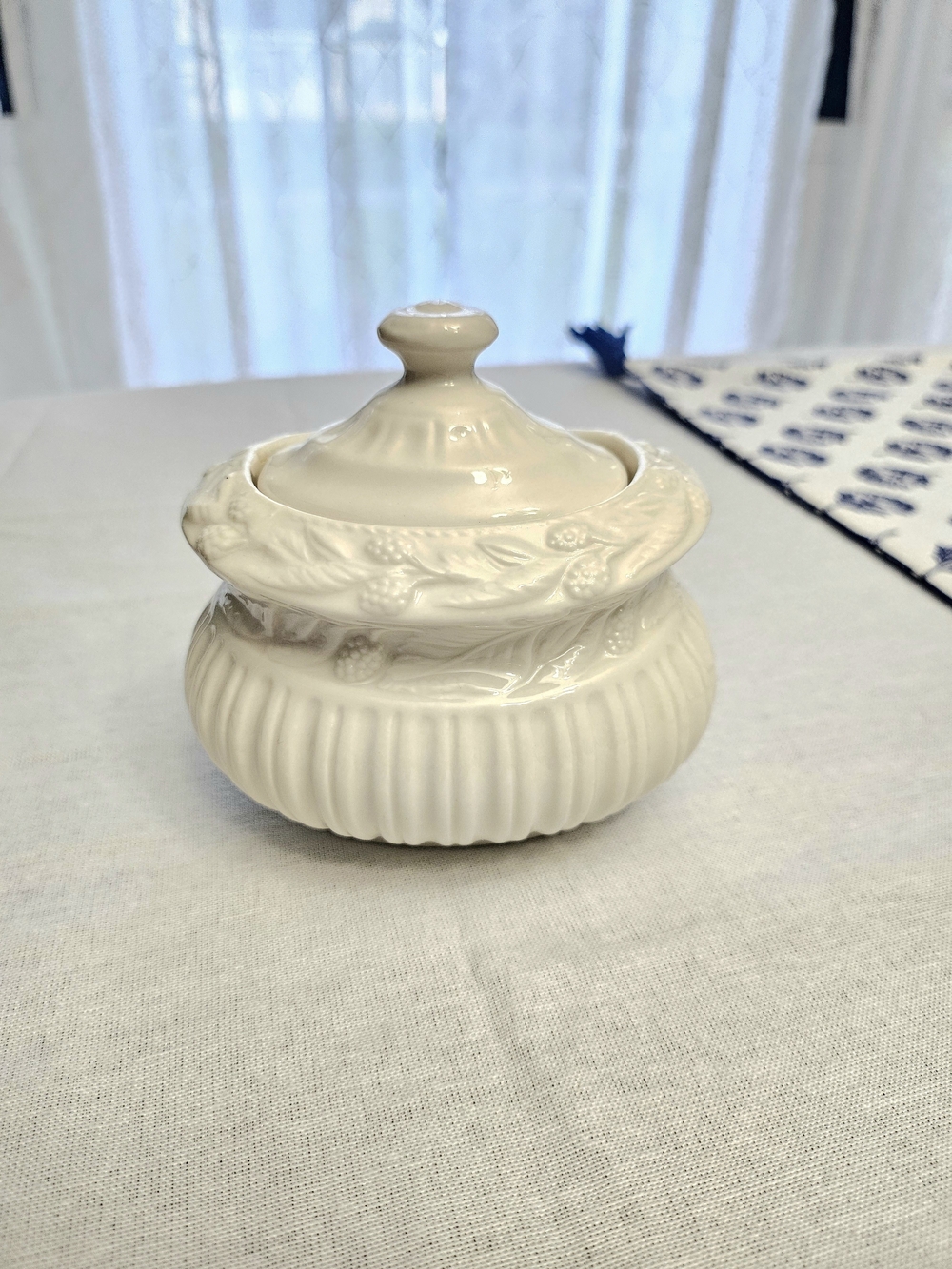 VINTAGE Sweet Living Collection Cream Ribbed Sugar Bowl with Lid Berry Relief